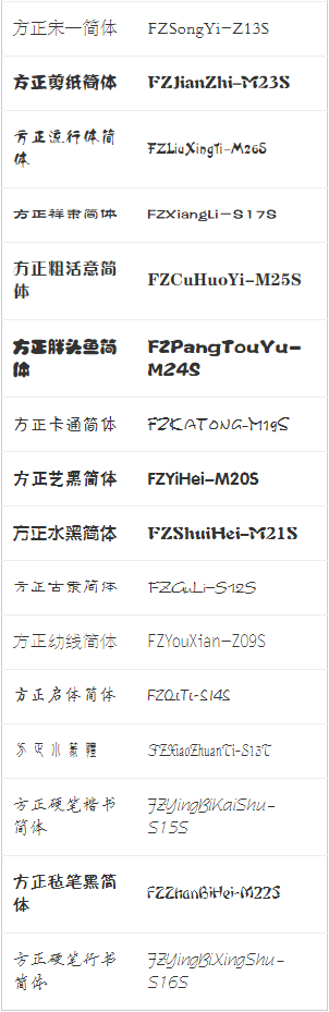 方正系列字体中英文对照4